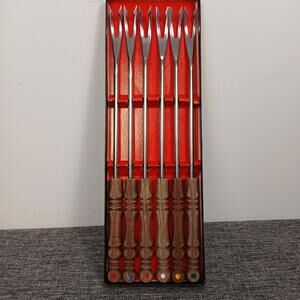 Vintage Fondue Fork Set 6 Wood Handle Color Tips w/ Box Made in Japan